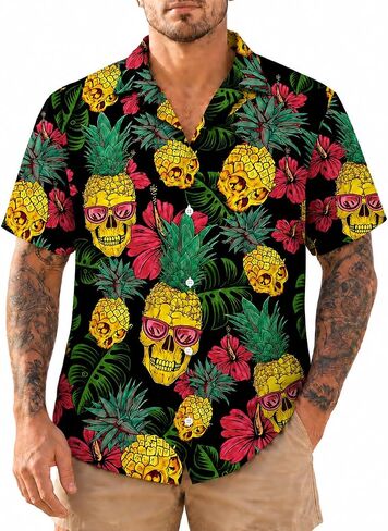 Pineapple Skull Hawaiian Shirt for Men Women or Loved Ones, Neon Skull Button Down Shirt, Summer Button Up Shirts for Men, Colorful Floral Aloha Shirt, Retro Gifts for Any Occasion in Saudi Arabia