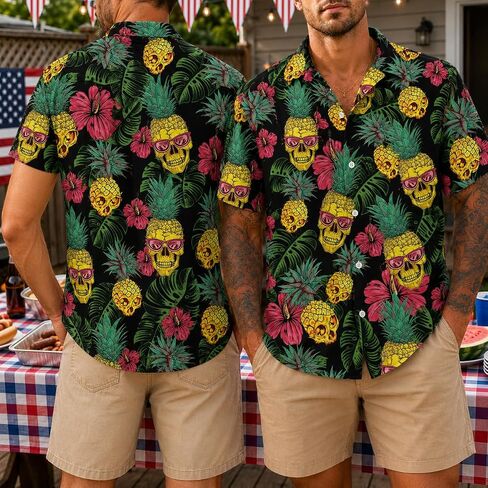 Pineapple Skull Hawaiian Shirt for Men Women or Loved Ones, Neon Skull Button Down Shirt, Summer Button Up Shirts for Men, Colorful Floral Aloha Shirt, Retro Gifts for Any Occasion in Saudi Arabia
