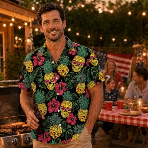 Pineapple Skull Hawaiian Shirt for Men Women or Loved Ones, Neon Skull Button Down Shirt, Summer Button Up Shirts for Men, Colorful Floral Aloha Shirt, Retro Gifts for Any Occasion in Saudi Arabia