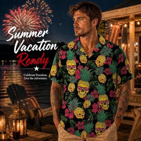 Pineapple Skull Hawaiian Shirt for Men Women or Loved Ones, Neon Skull Button Down Shirt, Summer Button Up Shirts for Men, Colorful Floral Aloha Shirt, Retro Gifts for Any Occasion in Saudi Arabia