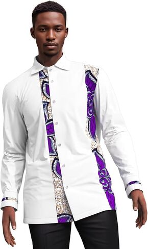 Xiaohuagua Men's Dashiki Shirt African Tribal Graphic Patchwork Design Regular Fit Long Sleeve Button Down Shirts in Saudi Arabia
