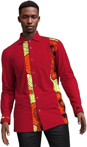 Xiaohuagua Men's Dashiki Shirt African Tribal Graphic Patchwork Design Regular Fit Long Sleeve Button Down Shirts in Saudi Arabia
