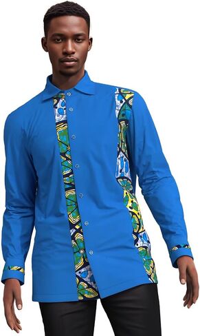 Xiaohuagua Men's Dashiki Shirt African Tribal Graphic Patchwork Design Regular Fit Long Sleeve Button Down Shirts in Saudi Arabia