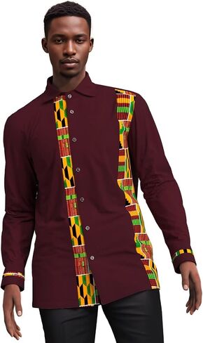 Xiaohuagua Men's Dashiki Shirt African Tribal Graphic Patchwork Design Regular Fit Long Sleeve Button Down Shirts in Saudi Arabia