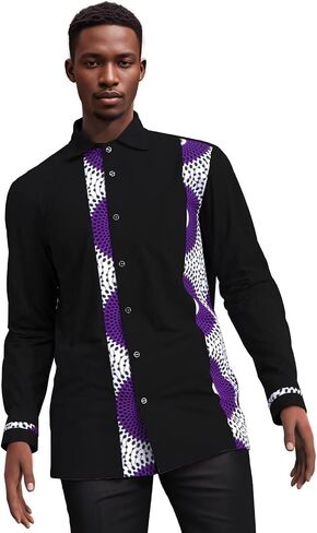 Xiaohuagua Men's Dashiki Shirt African Tribal Graphic Patchwork Design Regular Fit Long Sleeve Button Down Shirts in Saudi Arabia