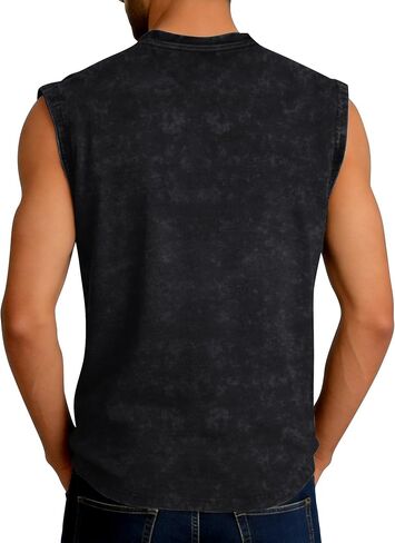 Men's Summer Henley Tank Top Shirts, Sleeveless Sports Vest, Retro Distressed Classic Button Loose Casual Top, Pure Cotton Henley T-Shirt, Black L in Saudi Arabia