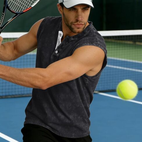 Men's Summer Henley Tank Top Shirts, Sleeveless Sports Vest, Retro Distressed Classic Button Loose Casual Top, Pure Cotton Henley T-Shirt, Black L in Saudi Arabia