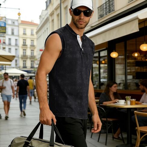 Men's Summer Henley Tank Top Shirts, Sleeveless Sports Vest, Retro Distressed Classic Button Loose Casual Top, Pure Cotton Henley T-Shirt, Black L in Saudi Arabia