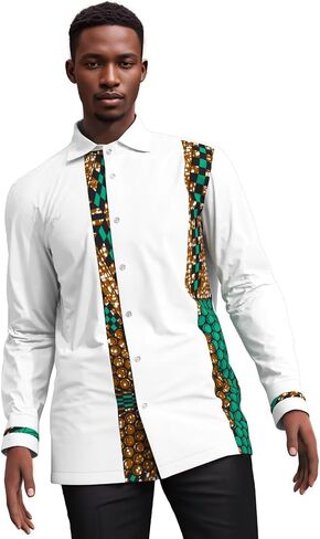 Xiaohuagua Men's Dashiki Shirt African Tribal Graphic Patchwork Design Regular Fit Long Sleeve Button Down Shirts in Saudi Arabia