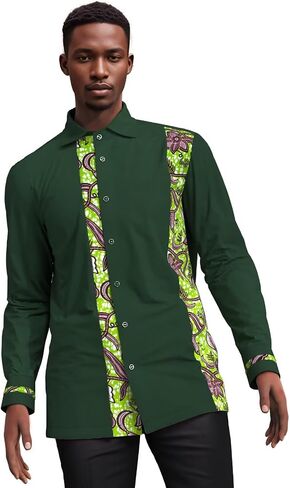 Xiaohuagua Men's Dashiki Shirt African Tribal Graphic Patchwork Design Regular Fit Long Sleeve Button Down Shirts in Saudi Arabia