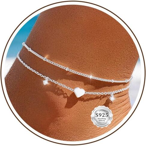 Sterling Silver/Gold Ankle Bracelets for Women Waterproof Non Tarnish Beaded Heart Charm Layered Stacking Large Plus Size Anklets Adjustable Dainty Summer Beach Vacation Jewelry Gift in Kuwait