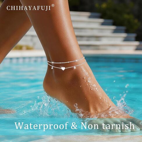 Sterling Silver/Gold Ankle Bracelets for Women Waterproof Non Tarnish Beaded Heart Charm Layered Stacking Large Plus Size Anklets Adjustable Dainty Summer Beach Vacation Jewelry Gift in Kuwait