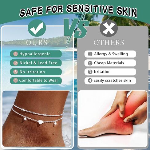 Sterling Silver/Gold Ankle Bracelets for Women Waterproof Non Tarnish Beaded Heart Charm Layered Stacking Large Plus Size Anklets Adjustable Dainty Summer Beach Vacation Jewelry Gift in Kuwait