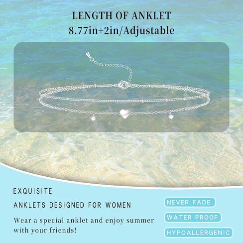 Sterling Silver/Gold Ankle Bracelets for Women Waterproof Non Tarnish Beaded Heart Charm Layered Stacking Large Plus Size Anklets Adjustable Dainty Summer Beach Vacation Jewelry Gift in Kuwait