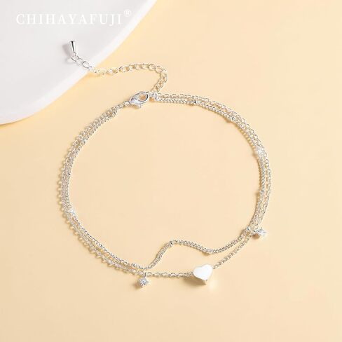 Sterling Silver/Gold Ankle Bracelets for Women Waterproof Non Tarnish Beaded Heart Charm Layered Stacking Large Plus Size Anklets Adjustable Dainty Summer Beach Vacation Jewelry Gift in Kuwait