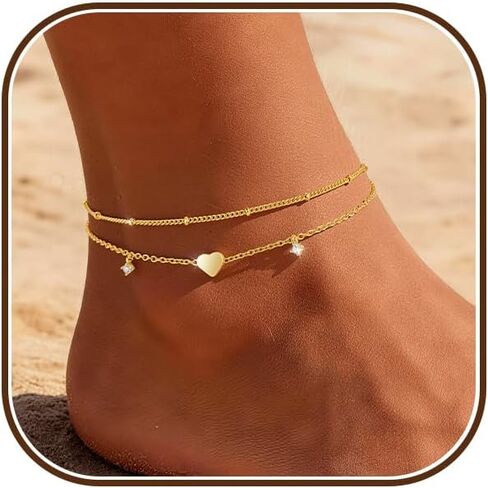 Sterling Silver/Gold Ankle Bracelets for Women Waterproof Non Tarnish Beaded Heart Charm Layered Stacking Large Plus Size Anklets Adjustable Dainty Summer Beach Vacation Jewelry Gift in Saudi Arabia