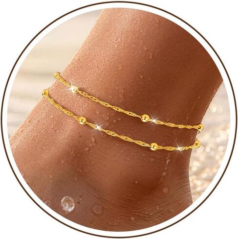 Sterling Silver/Gold Ankle Bracelets for Women Waterproof Non Tarnish Beaded Heart Charm Layered Stacking Large Plus Size Anklets Adjustable Dainty Summer Beach Vacation Jewelry Gift in Kuwait