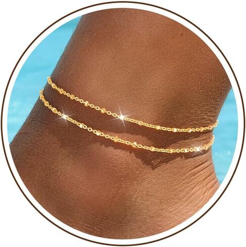 Sterling Silver/Gold Ankle Bracelets for Women Waterproof Non Tarnish Beaded Heart Charm Layered Stacking Large Plus Size Anklets Adjustable Dainty Summer Beach Vacation Jewelry Gift in Kuwait