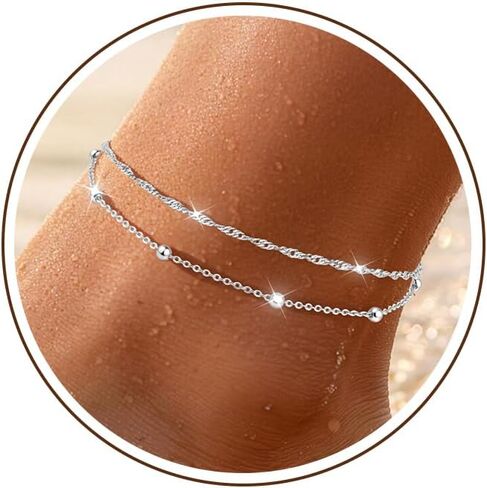 Sterling Silver/Gold Ankle Bracelets for Women Waterproof Non Tarnish Beaded Heart Charm Layered Stacking Large Plus Size Anklets Adjustable Dainty Summer Beach Vacation Jewelry Gift in Kuwait