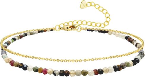 Ankle Bracelet for Women, Dainty 18k Gold Natural Stone Beaded Anklet Adjustable Double Ankle Chain Waterproof Summer Boho Foot Jewelry Birthday Anniversary Graduation Gifts in Saudi Arabia