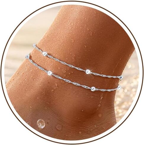 Sterling Silver/Gold Ankle Bracelets for Women Waterproof Non Tarnish Beaded Heart Charm Layered Stacking Large Plus Size Anklets Adjustable Dainty Summer Beach Vacation Jewelry Gift in Kuwait