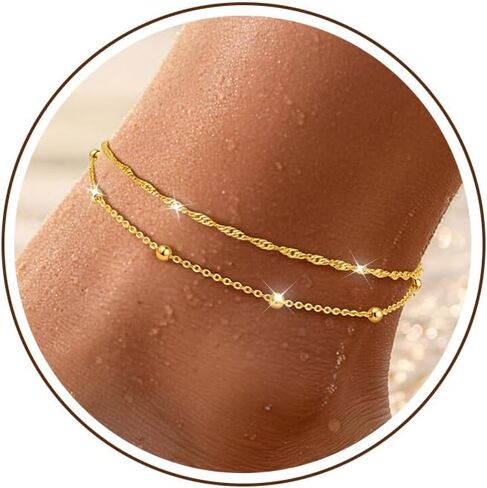 Sterling Silver/Gold Ankle Bracelets for Women Waterproof Non Tarnish Beaded Heart Charm Layered Stacking Large Plus Size Anklets Adjustable Dainty Summer Beach Vacation Jewelry Gift in Kuwait