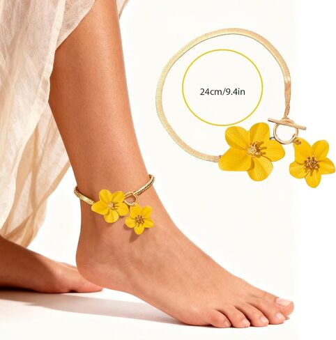 Flower Charm Anklet for Women Dainty Floral Ankle Bracelet Minimalist Beach Jewelry for Summer Vacation Party Casual Wear 9.45 in in Kuwait