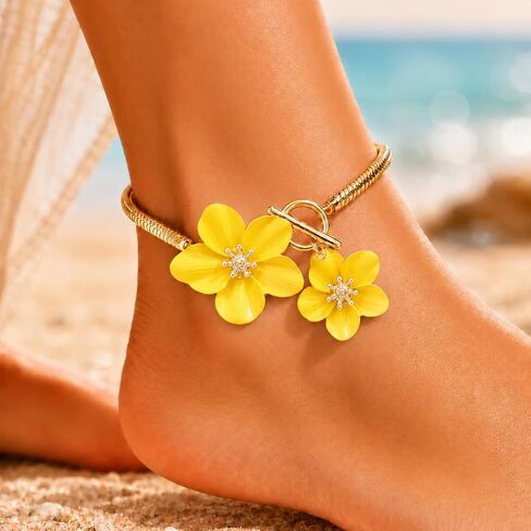 Flower Charm Anklet for Women Dainty Floral Ankle Bracelet Minimalist Beach Jewelry for Summer Vacation Party Casual Wear 9.45 in in Kuwait