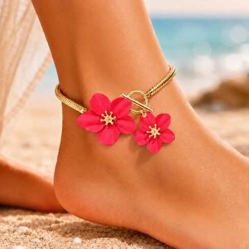 Flower Charm Anklet for Women Dainty Floral Ankle Bracelet Minimalist Beach Jewelry for Summer Vacation Party Casual Wear 9.45 in in Kuwait