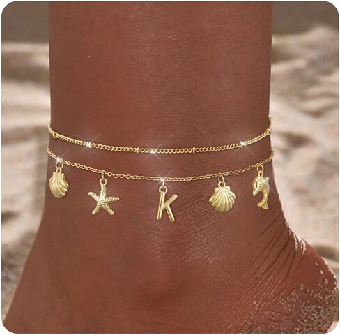 Apsvo 2PCS Ankle Bracelets for Women, Waterproof Gold Anklets for Women Summer Sea Dolphin Shell Initial Layered Ankle Bracelet Boho Summer Beach Jewelry in Saudi Arabia