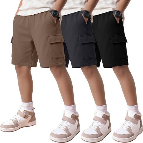 مجموعة من 3 شورتات كارجو للأولاد بأرجل واسعة وخصر مطاطي للأطفال رياضي لكرة السلة مع جيوب متعددة 5-16 سنة in Kuwait