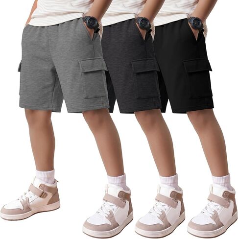 3 Pack Boys' Cargo Shorts Wide Leg Elastic Waist Kids Athletic Basketball Sweat Short with Multi Pockets 5-16Years in Saudi Arabia