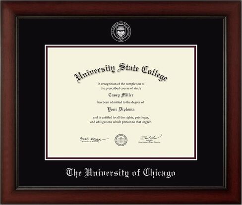 University of Chicago 12" w x 9" h Diploma Frame - Fits a bachelor's, master's and phd - Silver Embossed Diploma Frame - Cherry Moulding with Black and Maroon Matting - Officially Licensed in Kuwait