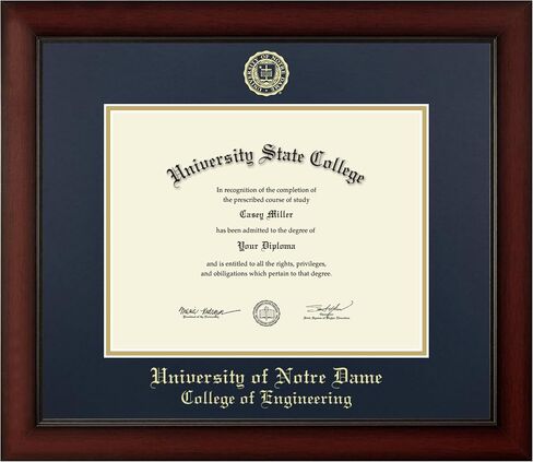 University of Notre Dame 11" w x 8.5" h Diploma Frame - Fits a bachelor's, master's and phd - Gold Embossed Diploma Frame - Cherry Moulding with Navy and Gold Matting - Officially Licensed in Kuwait