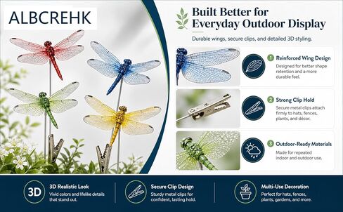 20 Pcs Dragonfly Clips for Bugs Repellent, 3D Artificial Dragonfly Hat Clips Garden Decor, Garden Bird and Fly Scare Devices for Indoor Outdoor Material Optimized in Kuwait