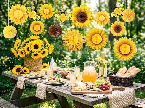 15PCS Sunflower Honeycomb Party Decorations - Flower Paper Hanging Decor for Summer Birthday Classroom Floral Baby Shower Garden in Saudi Arabia