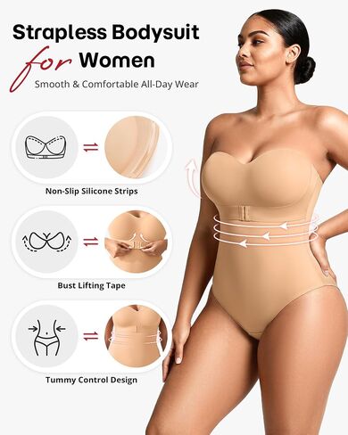Shapewear Bodysuit Tummy Control Strapless Bra Shapewear for Women Strapless Faja Body Shaper Thong Light Shapewear Beige 2XL in Saudi Arabia