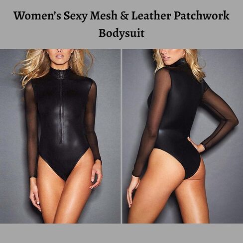 Women's Sexy Leather Bodysuit Mesh Patchwork Jumpsuit Long Sleeve One Piece Zip Up Leotard High-neck Teddy Lingerie in Saudi Arabia