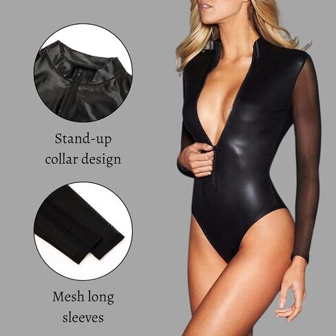 Women's Sexy Leather Bodysuit Mesh Patchwork Jumpsuit Long Sleeve One Piece Zip Up Leotard High-neck Teddy Lingerie in Saudi Arabia