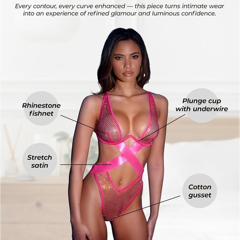 Fishnet Bodysuit For Women: Roma Starlight Shimmer Pink Rhinestone Lingerie Teddy Bodysuit with Crisscross Detail Thong Back in Saudi Arabia