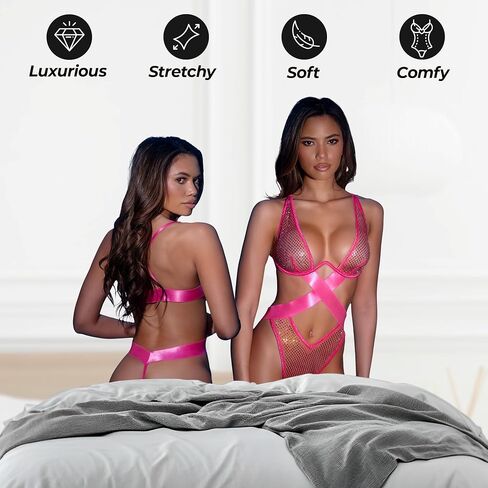 Fishnet Bodysuit For Women: Roma Starlight Shimmer Pink Rhinestone Lingerie Teddy Bodysuit with Crisscross Detail Thong Back in Saudi Arabia