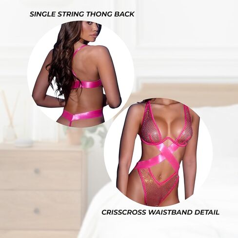 Fishnet Bodysuit For Women: Roma Starlight Shimmer Pink Rhinestone Lingerie Teddy Bodysuit with Crisscross Detail Thong Back in Saudi Arabia