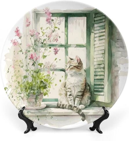 Decorative Plates, Cat on The Window Watercolor Painting Ceramic Dinner Plate Home Wobble-Plate with Display Stand, Wall Hanging Decor for Living Dining Room Kitchen Household 7 Inch in Kuwait