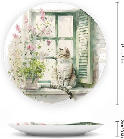 Decorative Plates, Cat on The Window Watercolor Painting Ceramic Dinner Plate Home Wobble-Plate with Display Stand, Wall Hanging Decor for Living Dining Room Kitchen Household 7 Inch in Kuwait