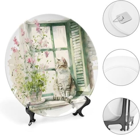 Decorative Plates, Cat on The Window Watercolor Painting Ceramic Dinner Plate Home Wobble-Plate with Display Stand, Wall Hanging Decor for Living Dining Room Kitchen Household 7 Inch in Kuwait