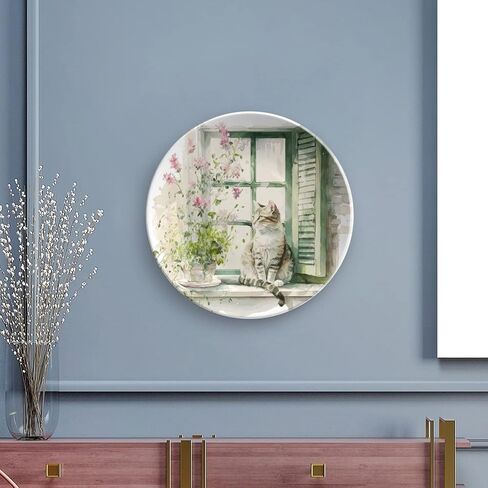 Decorative Plates, Cat on The Window Watercolor Painting Ceramic Dinner Plate Home Wobble-Plate with Display Stand, Wall Hanging Decor for Living Dining Room Kitchen Household 7 Inch in Kuwait