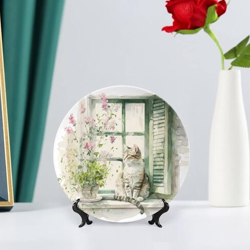 Decorative Plates, Cat on The Window Watercolor Painting Ceramic Dinner Plate Home Wobble-Plate with Display Stand, Wall Hanging Decor for Living Dining Room Kitchen Household 7 Inch in Kuwait