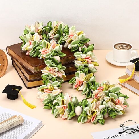 Suncalla Sage Green Graduation Ribbon Lei 2026 هاواي اليدوية التخرج Lei الكروشيه الأخضر الأوركيد Kukui الجوز Leis الاكريليك حبة قلادة للكلية المدرسة in Kuwait