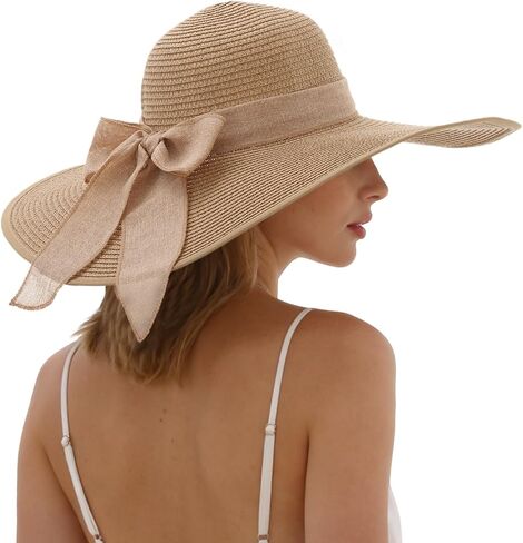 Oweisong Sun Beach Hats for Women Trendy Summer Vacation Straw Hat Boho Bow Wide Brim Packable Hat in Kuwait