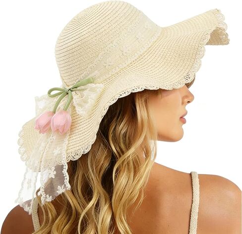 Lace Bow Tulip Straw Sun Hat Women Wide Brim Sun Protection Beach Hat Adjustable Summer Hat Garden Party Essential in Saudi Arabia